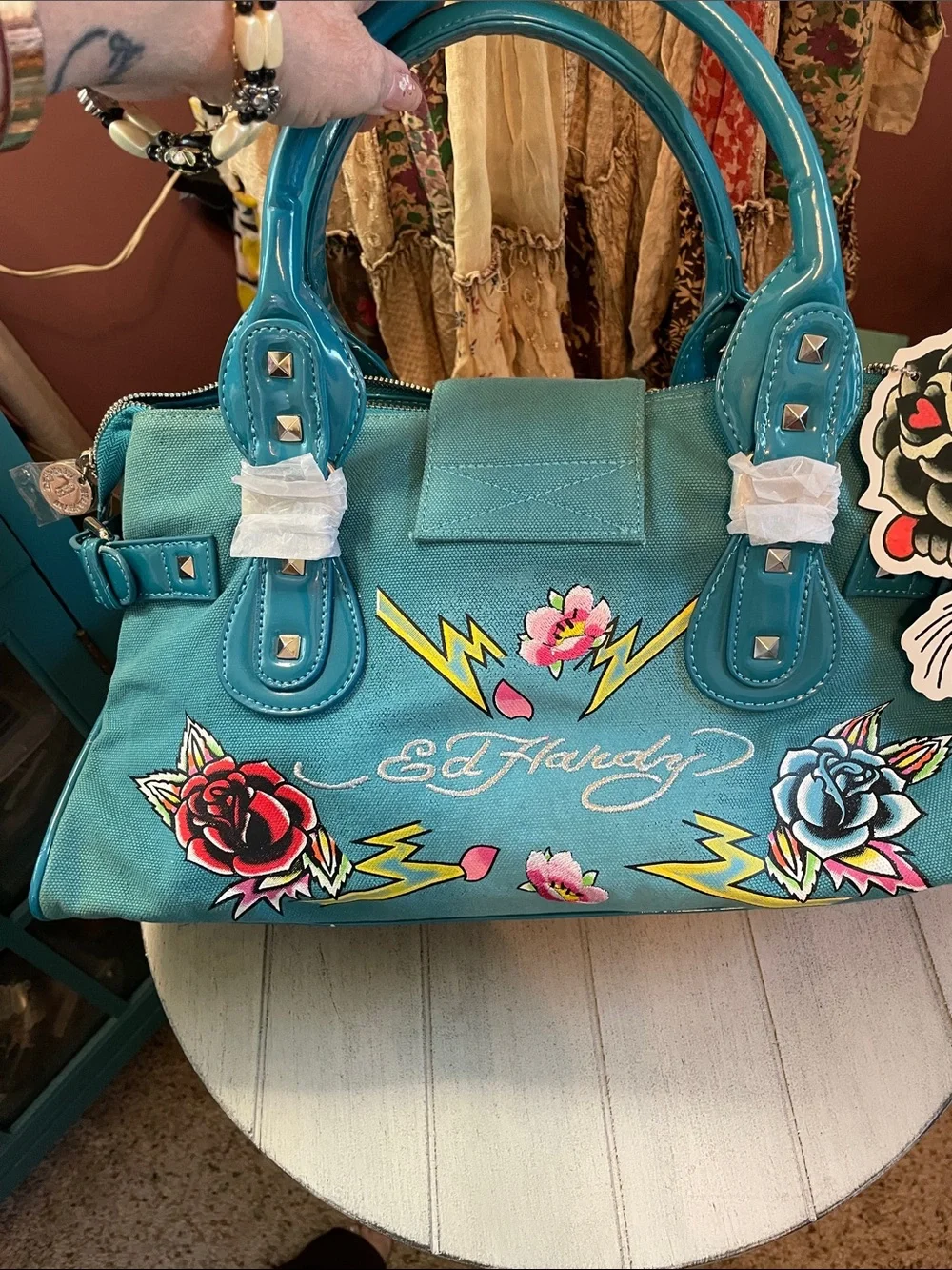 Ed Hardy Teal Embroidered Canvas Satchel Vintage Y2 K